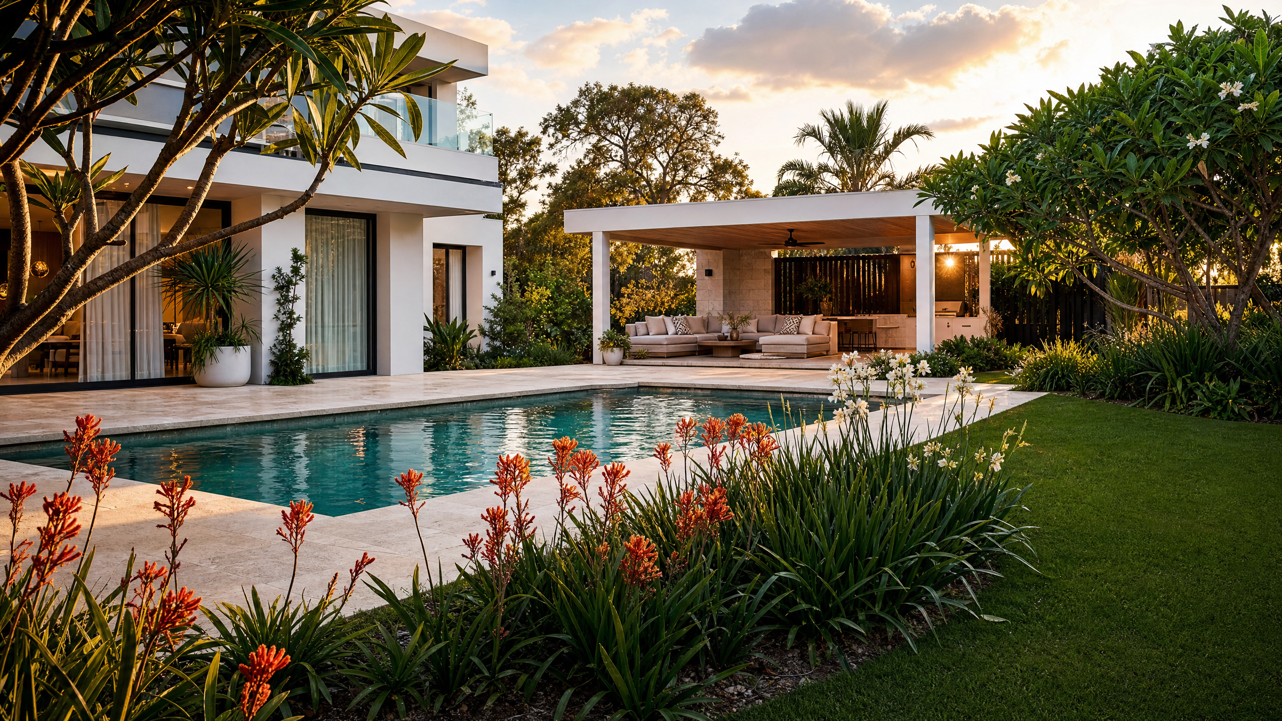 Resort-style pool and garden transformation in City Beach Perth with kangaroo paw plants and alfresco entertaining area