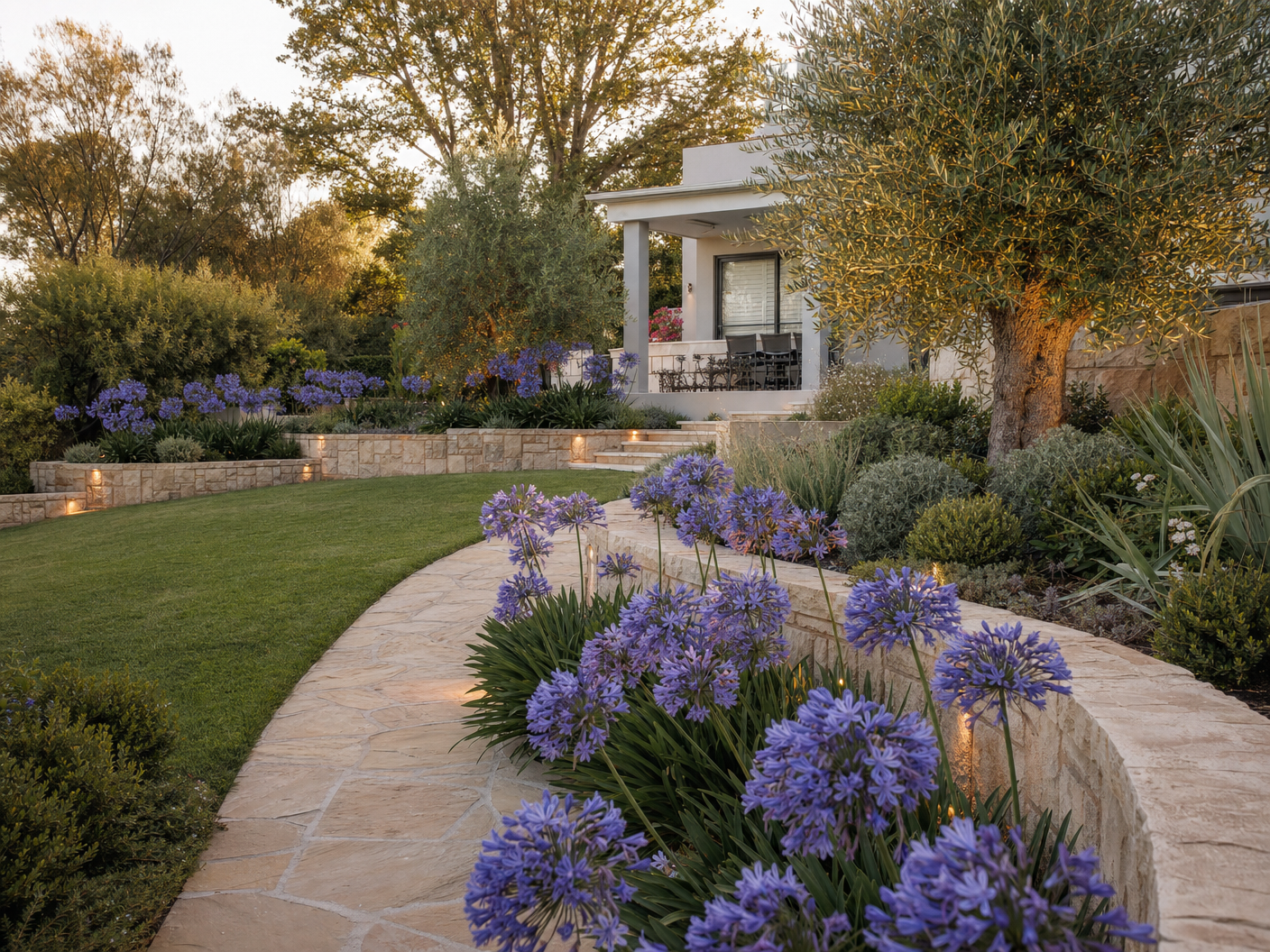 Terraced garden with limestone retaining walls and agapanthus in Nedlands Perth