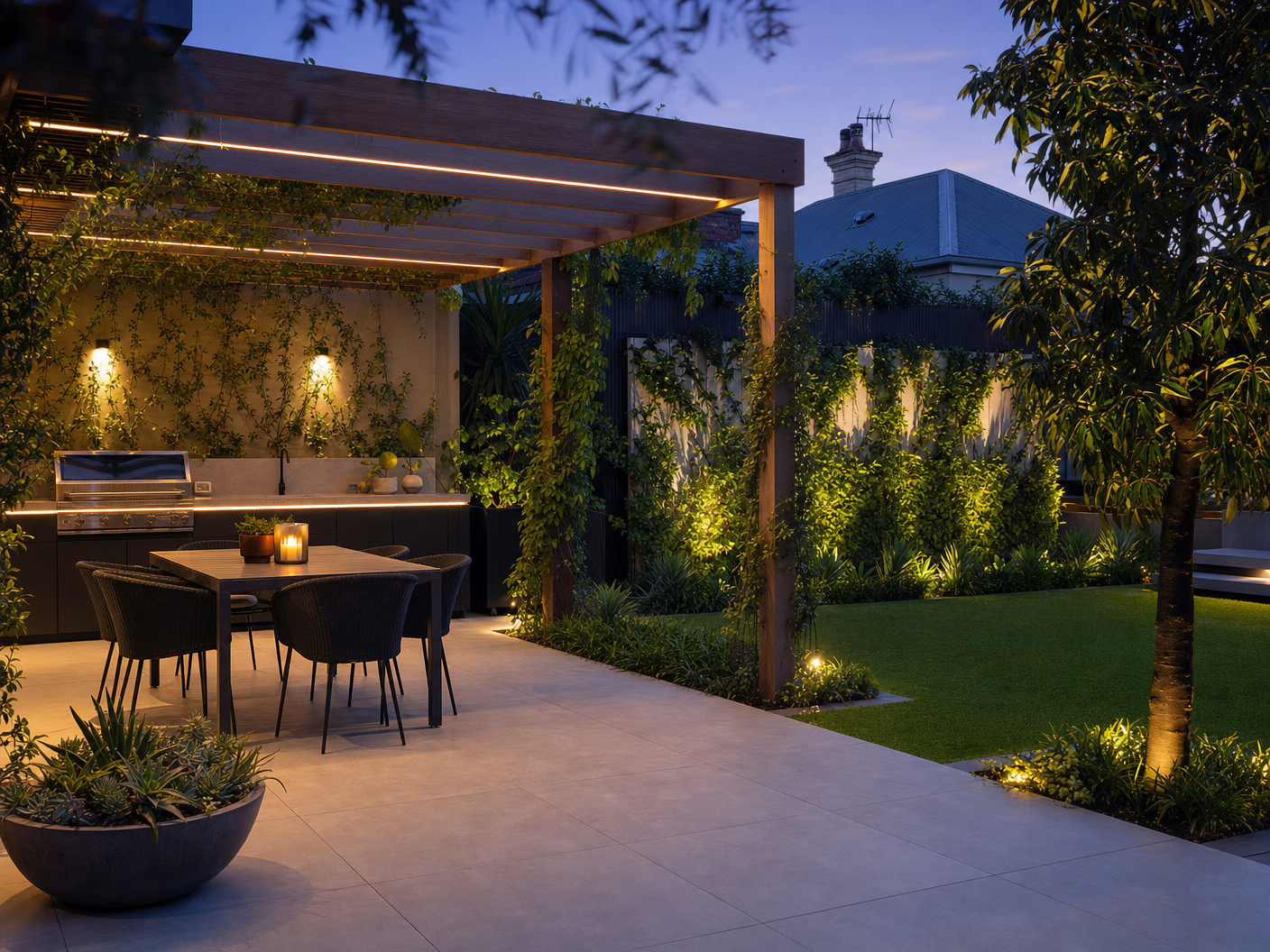 Modern outdoor entertaining area in Subiaco Perth with timber pergola, built-in BBQ and garden lighting